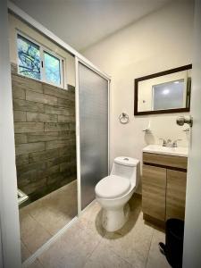 uma casa de banho com um WC, um chuveiro e um lavatório. em Casa Creunza de Mar em Playa del Carmen