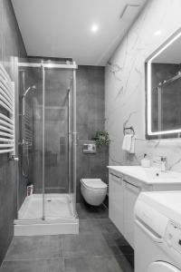 ein Bad mit einer Dusche, einem WC und einem Waschbecken in der Unterkunft Silver Apartment in Novi Sad