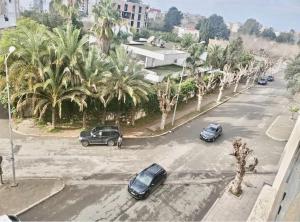 uma rua com carros estacionados num parque de estacionamento com palmeiras em Appartement Haut Standing 3 chambres proche gare et centre ville em Kenitra