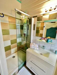 La salle de bains est pourvue d'une douche et d'un lavabo. dans l'établissement Vue Mer/3Beds/Piscine/wifi/900 mètres de la plage, à Deshaies