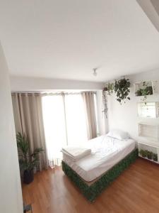 a white bedroom with a bed and a large window at Cosy and full of plants apartment in Arequipa