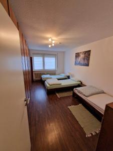 a room with three beds and a window at 2-Zimmer Messe-Apartment Nbg-Langwasser 60qm in Nuremberg