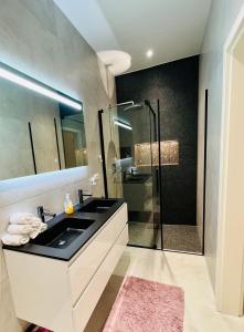 y baño con lavabo negro y ducha. en Appartement - Rue du Canal, en Esch-sur-Alzette
