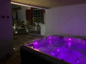 bañera de hidromasaje púrpura con luces púrpuras en una habitación en Location Eyheraldia T5, en Hasparren
