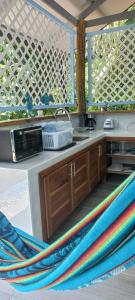 a kitchen with a sink and a kitchen rug at Casa Katharina in Cahuita