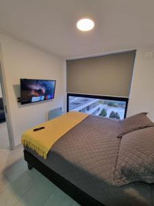 a bedroom with a large bed and a flat screen tv at Apartamentos A&B Curitiba in Temuco