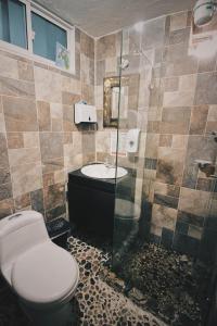 La salle de bains est pourvue de toilettes et d'un lavabo. dans l'établissement Hostal Casa del Frailejón - Café, à Monguí