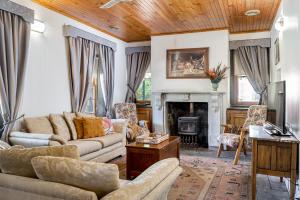 sala de estar con sofá y chimenea en Reillys Wines Heritage Cottages, en Mintaro