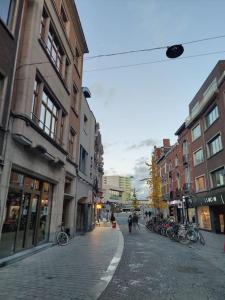 a city street with buildings and people walking down the street at Corso studio 0303 in Leuven