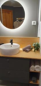 a bathroom with a white sink and a mirror at Cottage with Glass Bubble and Hot tub in Reykholt