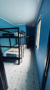 a blue room with two bunk beds and a window at Villa Kataleya in Dominical