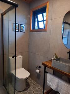 a bathroom with a toilet and a sink and a mirror at Cabana Van Gogh in Campo Alegre