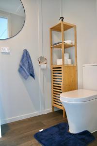 a bathroom with a white toilet and a mirror at The Bird House Tiny Home in Ngaruawahia