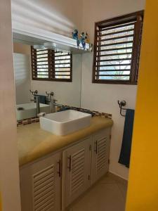 een badkamer met een witte wastafel en een spiegel bij Las Terrenas Villa- King Bed, Beaches & Dining in Las Terrenas