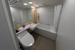 a bathroom with a toilet and a sink and a mirror at Iroha Grand Hotel Kintetsu Nara Ekimae in Nara