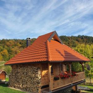 Zaovine的住宿－Draganovi Konaci，一间拥有橙色屋顶和石墙的小屋