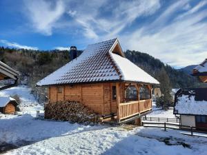 Zaovine的住宿－Draganovi Konaci，屋顶上积雪的小木屋