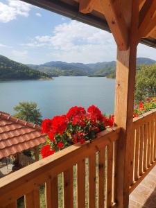 Zaovine的住宿－Draganovi Konaci，阳台种有红色花卉,享有湖景