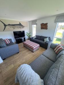 ein Wohnzimmer mit 2 Sofas und einem TV in der Unterkunft Kiwi Retreat in Kerikeri