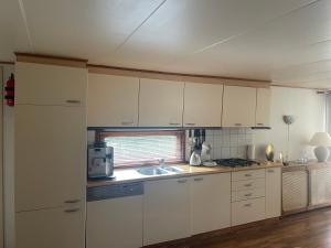 een keuken met witte kasten en een wastafel bij Chalet Makkum V10 in Makkum