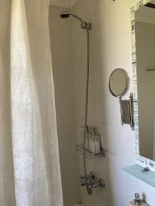 a bathroom with a shower with a shower curtain at C & N - Altos de la Bahía in El Calafate