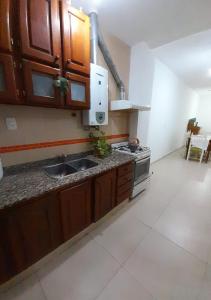 eine Küche mit Holzschränken, Spüle und Herd in der Unterkunft El Bonsai in Santiago del Estero