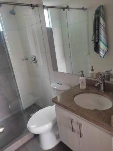 een badkamer met een toilet, een wastafel en een spiegel bij Disfruta de una vista hermosa. in Mosquera