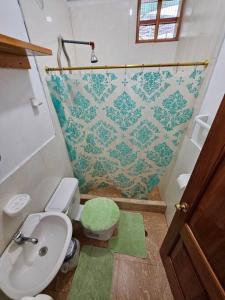a bathroom with a toilet and a sink and a shower at Departamento de Jules in Puerto Ayora