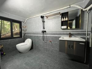 a bathroom with a shower and a toilet and a sink at Lake House in Ha Giang +72 photos