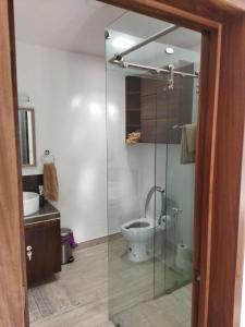 uma casa de banho com um WC e uma cabina de duche em vidro. em apartamento a 15 mins del centro em Tepic