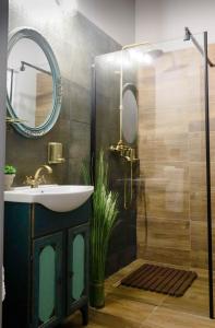 La salle de bains est pourvue d'un lavabo et d'une douche avec un miroir. dans l'établissement Grey Symphony, à Timişoara