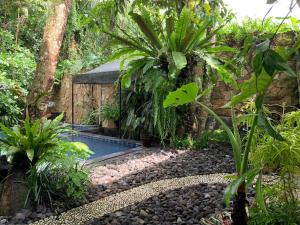 a swimming pool in the middle of a garden at Griya Oma Nining-Large House with Swimming Pool in Bedoyo