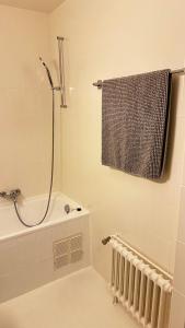 La salle de bains est pourvue d'une douche et d'une baignoire avec un radiateur. dans l'établissement QDB Hyper Centre Geneve, à Genève