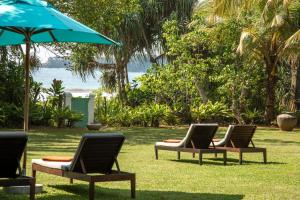 three lounge chairs and an umbrella on the grass at The Last House in Tangalle