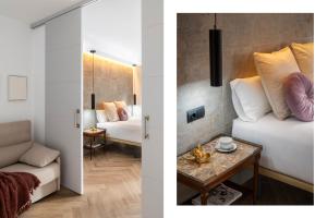 2 imágenes de un dormitorio con cama y sala de estar en Magno Apartments Zaragoza, en Sevilla