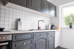 kuchnia z szarymi szafkami, umywalką i oknem w obiekcie Klassen Apartments! Zentral und bequem, entdecken Sie Bad Schussenried w mieście Bad Schussenried +3 zdjęcia
