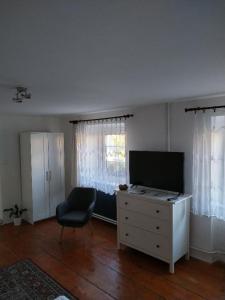 uma sala de estar com uma televisão numa cómoda e uma cadeira em Apartman Modry dum em Vranov nad Dyjí