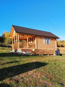 a log cabin with a large yard in front of it at Tiny House Stefana with garden in Transylvania 