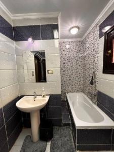 La salle de bains est pourvue d'un lavabo et d'une baignoire à côté d'un lavabo. dans l'établissement Luxe apartment Nile View Downtown, à Assouan
