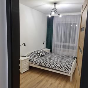 1 dormitorio con 1 cama, vestidor y ventana en Komfortowy apartament en Toruń