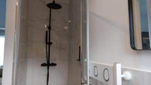 a shower with a glass door in a bathroom at La Coccinelle, votre Oasis entre Paris-Disney in Ozoir-la-Ferrière +41 photos