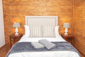 sypialnia z łóżkiem z dwoma lampami na stołach w obiekcie Fireside Cabin w mieście Underberg