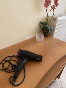 a black hair dryer on a wooden table with a plant at Διαμέρισμα στο κέντρο της πόλης in Chios