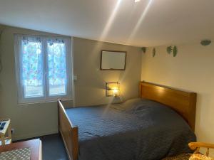 a bedroom with a bed and two windows at Les Sainfoins, Idéal voyageurs Pro in Villeneuve-sur-Yonne