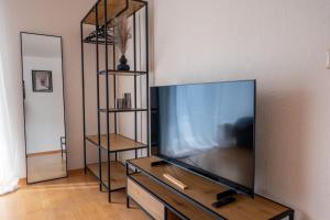 a flat screen tv sitting in a living room at Klassen Apartments! Zentral und bequem, entdecken Sie Bad Schussenried in Bad Schussenried