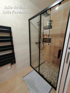 eine Dusche mit Glastür im Bad in der Unterkunft Belle Villa Contemporaine 10/12 personnes in Pont-du-Château