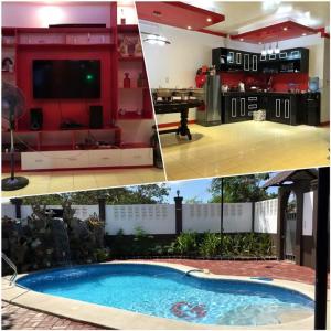 kolaż trzech zdjęć kuchni i basenu w obiekcie GG Resort w mieście Dalumpinas Oeste