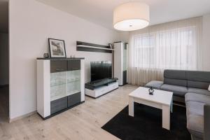 a living room with a couch and a tv at SKAU 1 Old Town Family & Business Apartment 1floor Free parking in Bratislava