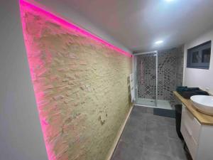 uma casa de banho com um lavatório e uma parede de pedra em Appartement plain-pied em Migné-Auxances