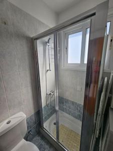 a bathroom with a shower and a toilet at 1BDR Apartment-Aglantzia in Aglantzia